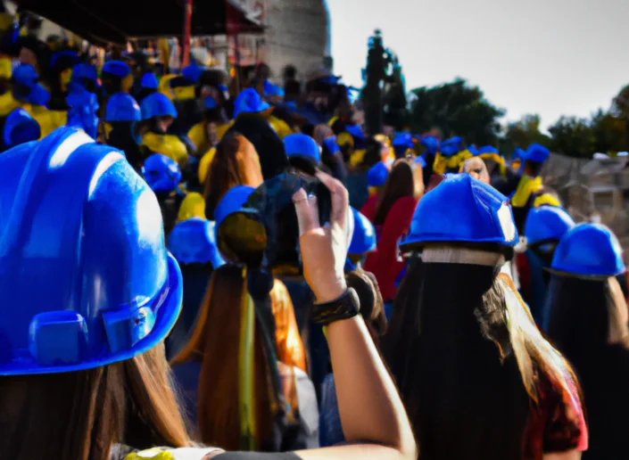 DALL·E 2023-12-04 22.59.57 – a huge crowd of students wearing worksite hats and a reflex camera in an epic environment
